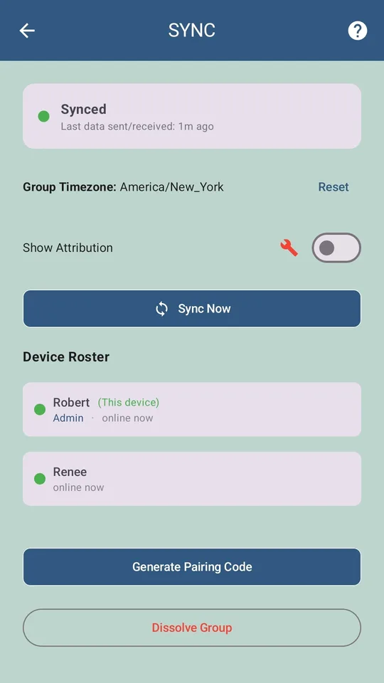 BudgeTrak SYNC screen with device roster